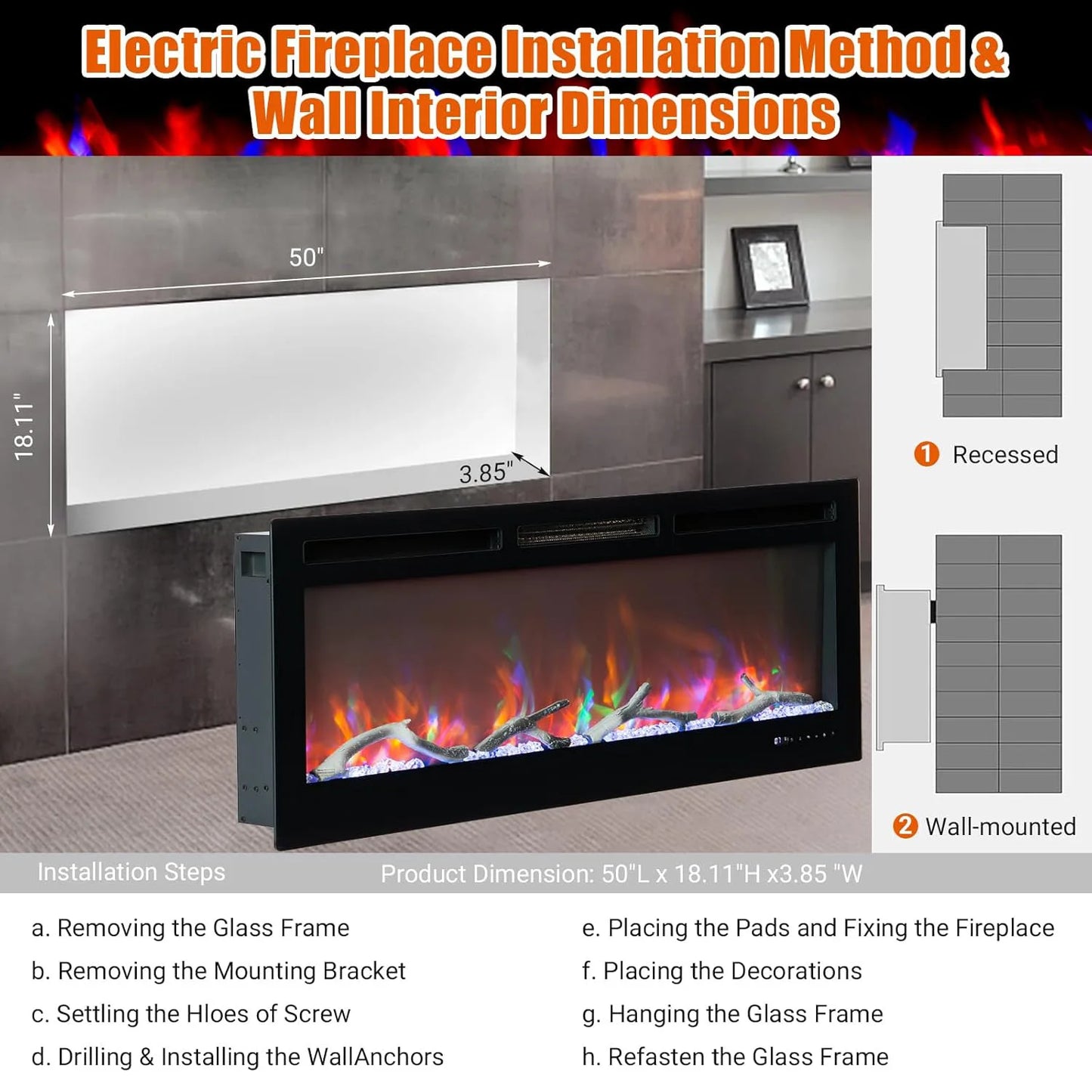 50/60/72inch Smart WiFi Electric Fireplace Remote & App Control Adjustable Flame 1500W Quartz Heater With Overheating Protection