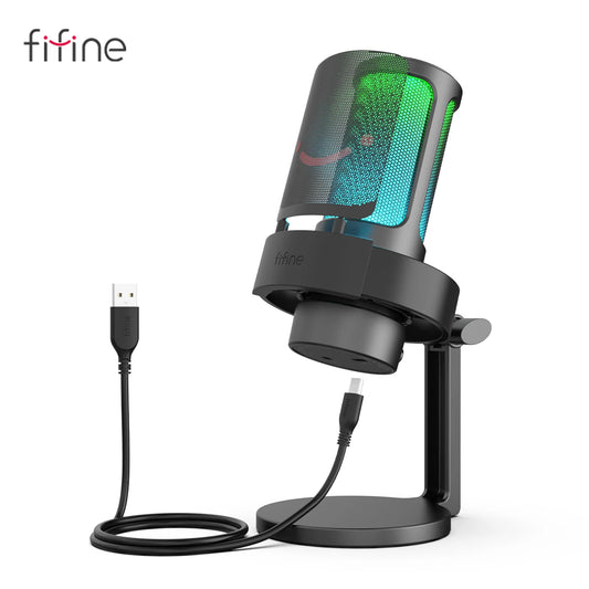 FIFINE USB Microphone for Recording and Streaming on PC and Mac,Headphone Output and Touch-Mute Button,Mic with 3 RGB Modes -A8