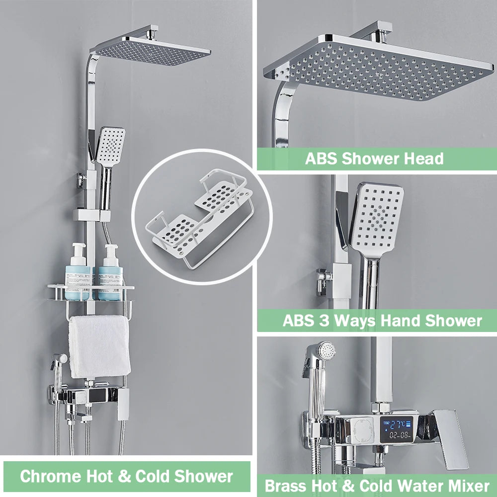 Rozin Black Smart Thermostatic Shower Faucet Set Bathroom Intelligent Rainfall Digital Mixer Tap With Rack and Bidet Bath System