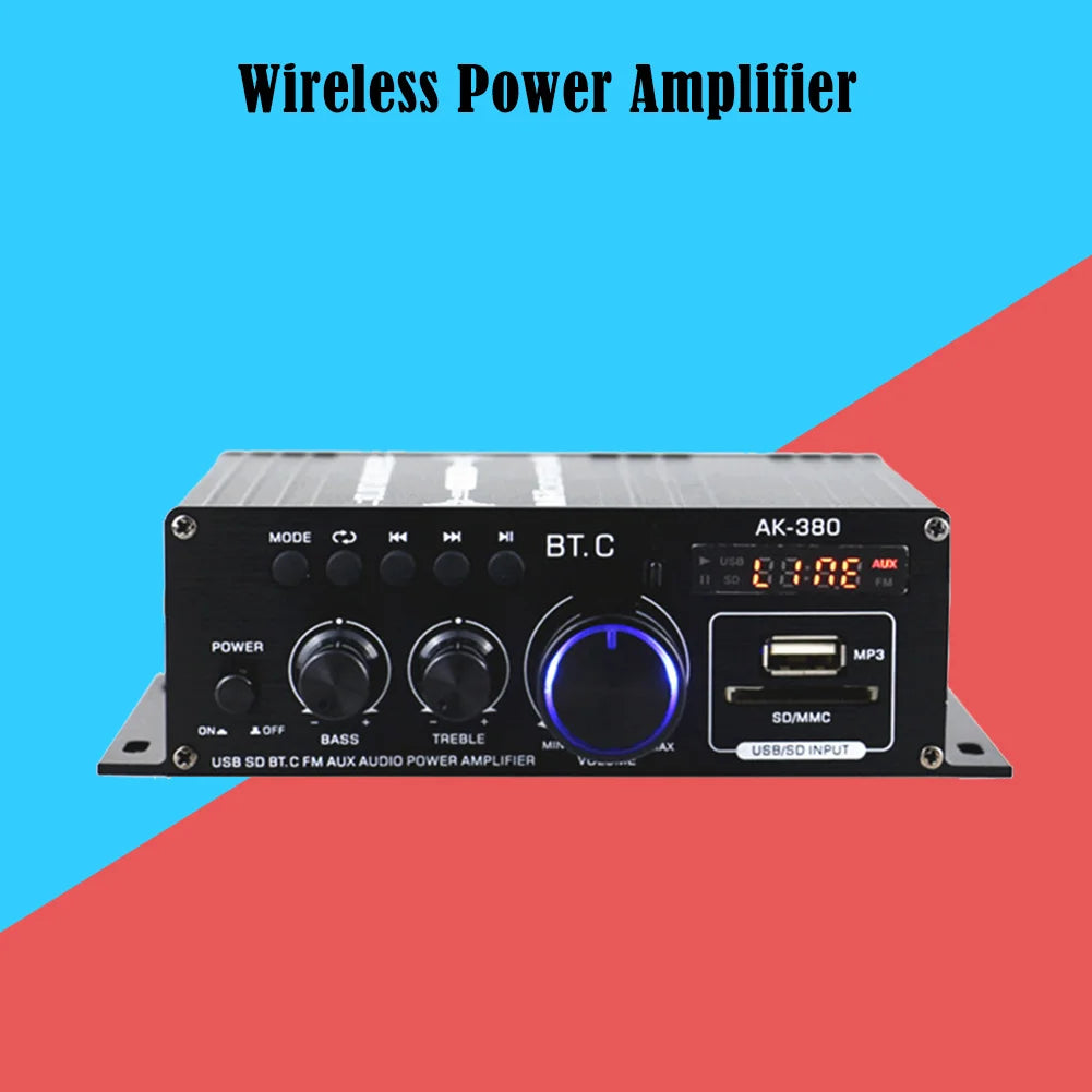 AK380 Bluetooth-Compatible Amplifier 2 Channel Digital Amplifiers Audio HIFI Bass Music Player USB AUX Karaoke for Home Car