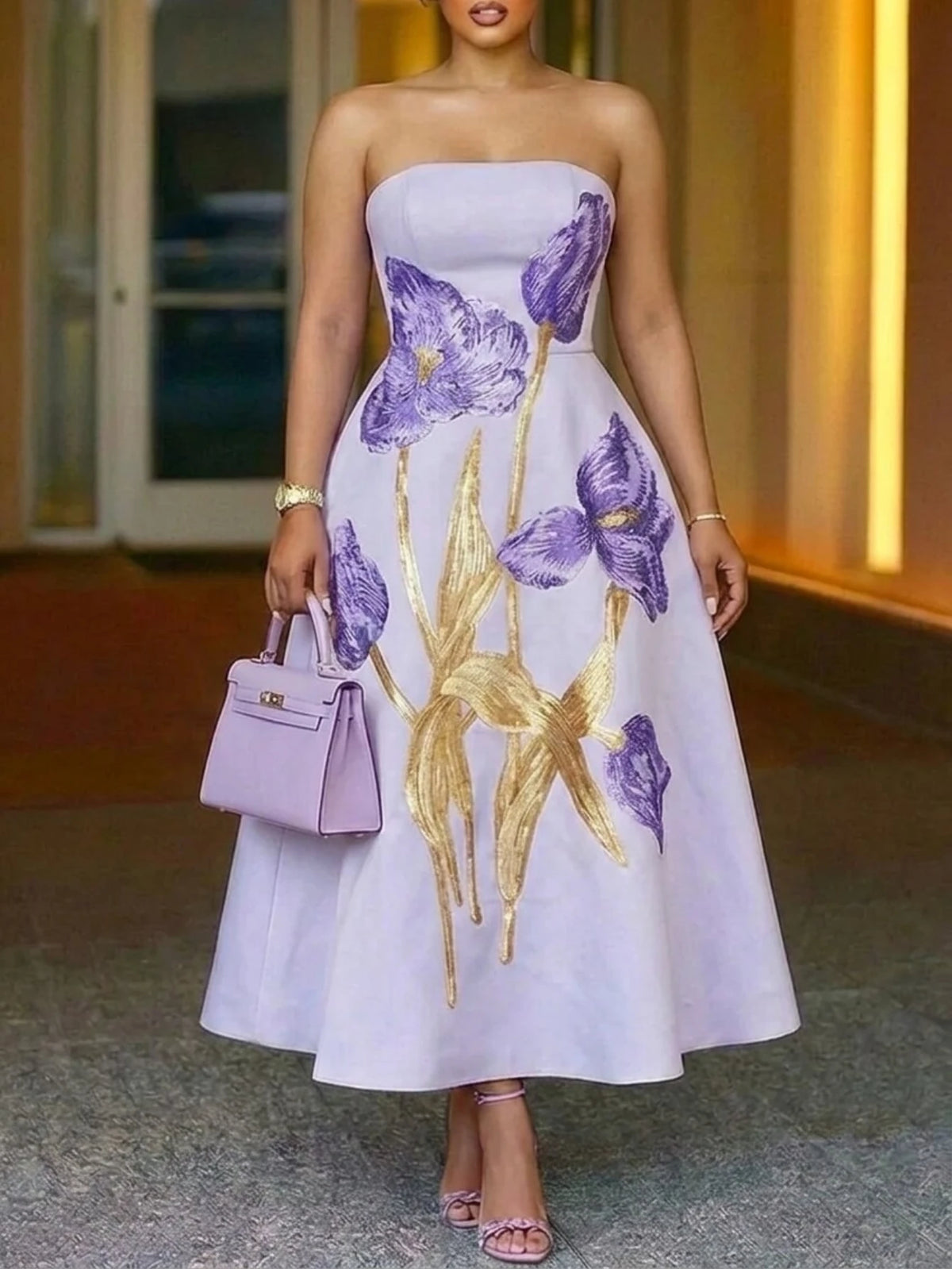 Women Strapless Patchwork Printed Midi Evening Dress