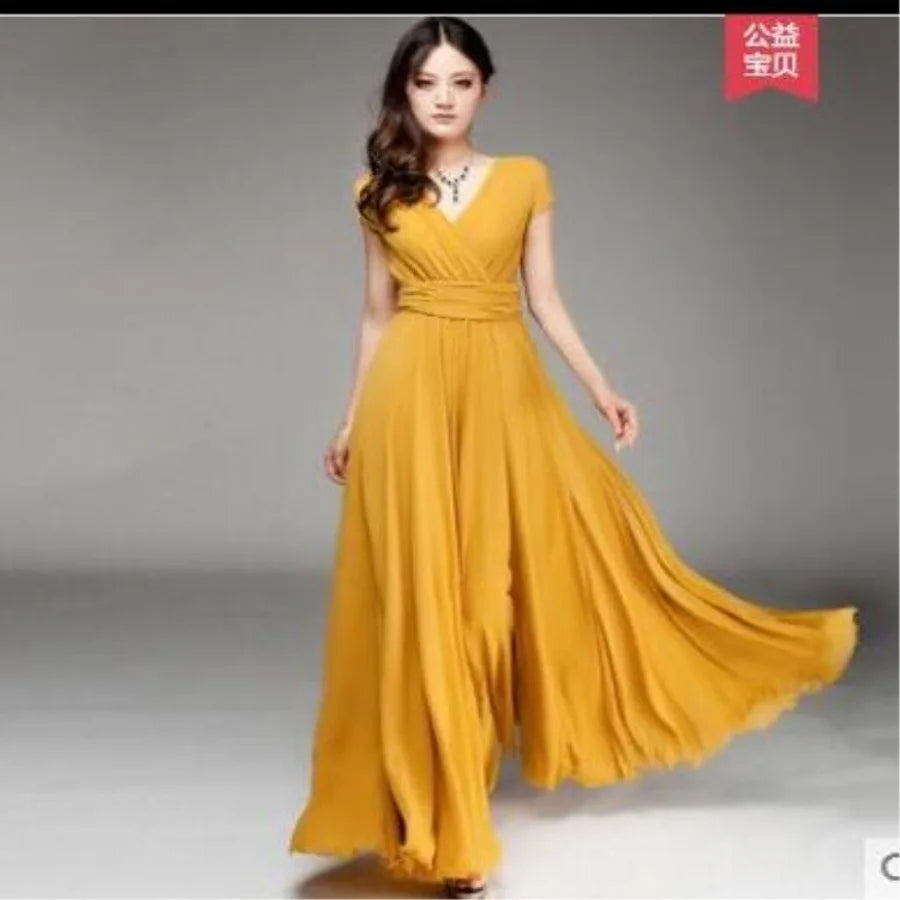 【New style】- access  Europe and America V-neck short-sleeved Bohemian chiffon waist dress