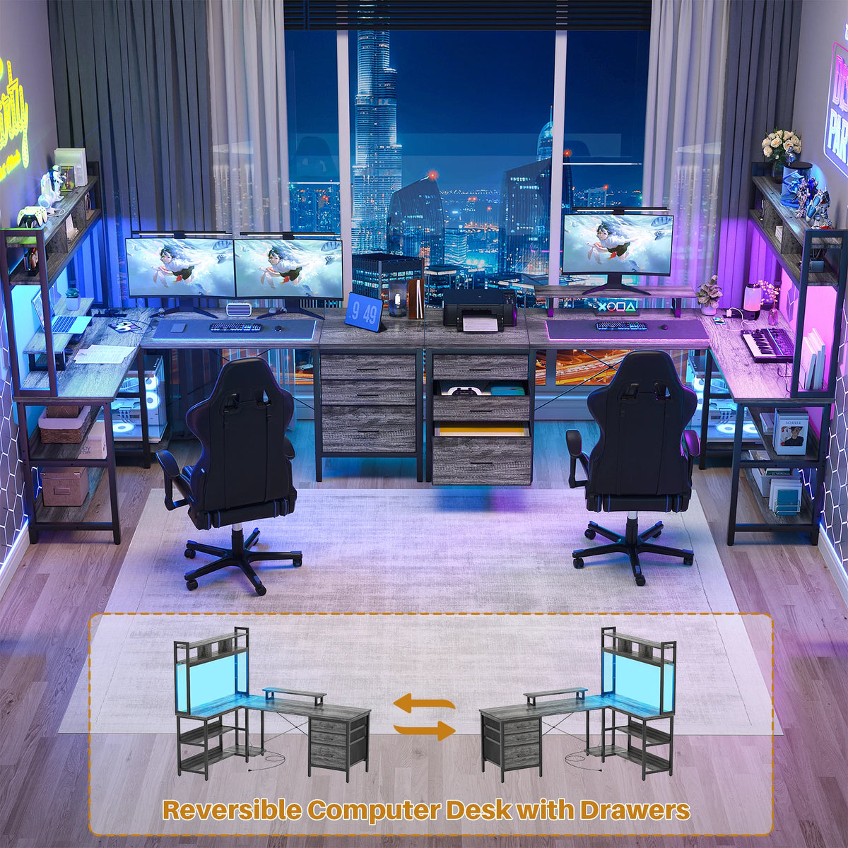 Aheaplus Corner Gaming Desk With Led Lights And Power Outlet