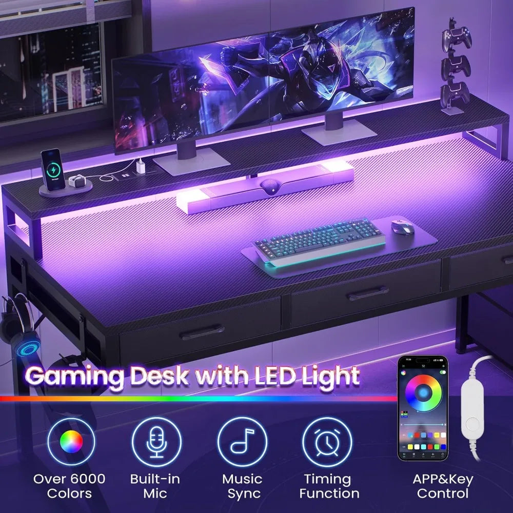 MOYU Gaming Desk With Storage Drawers And LED Lights