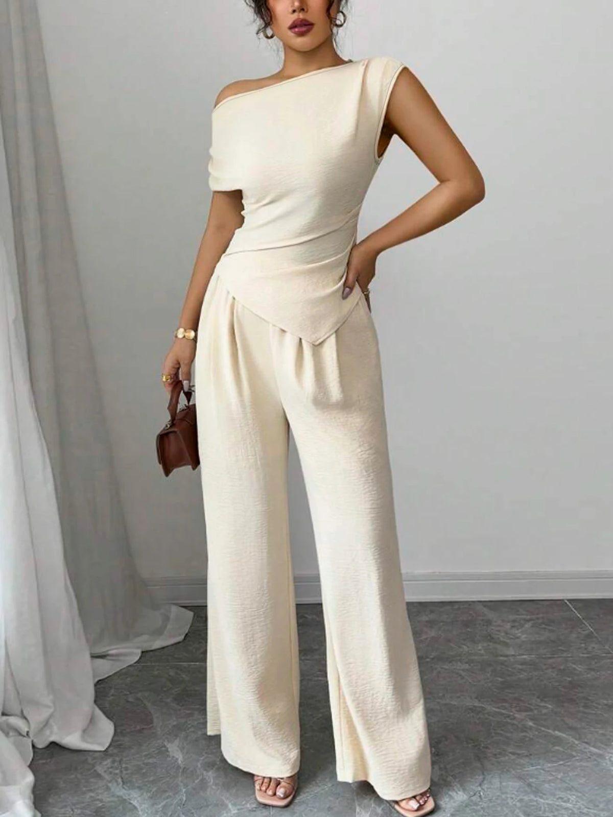 Women Asymmetric Top Wide Leg Pants Two Piece Casual Set