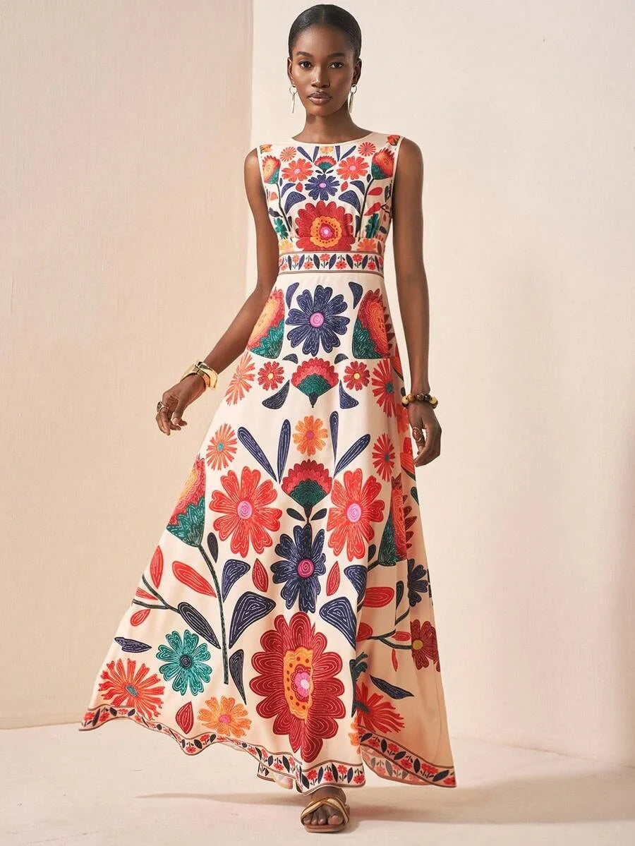 Women Floral Embroidery Sleeveless Maxi Dress Summer Casual