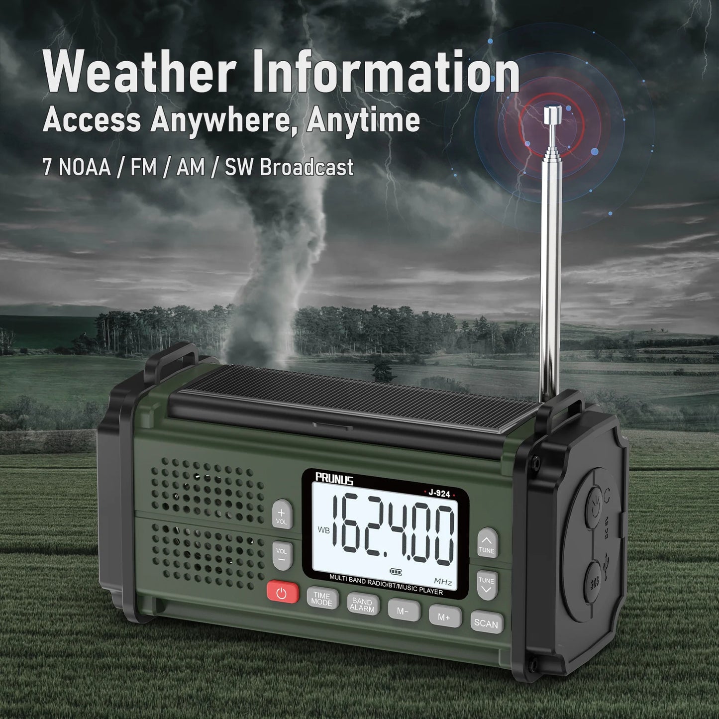 PRUNUS 924 10000mAh Hand Crank Radio, AAA Batteries Powered Emergency Radio Solar, NOAA Weather Radio AM/FM/SW Power Bank Light