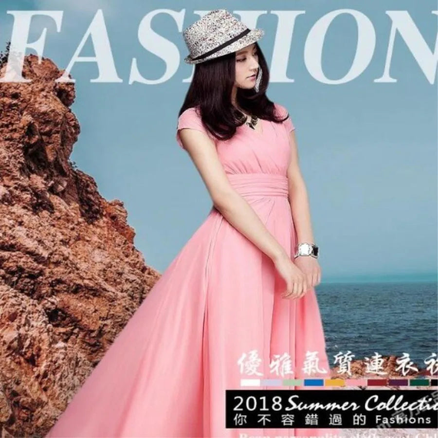 【New style】- access  Europe and America V-neck short-sleeved Bohemian chiffon waist dress