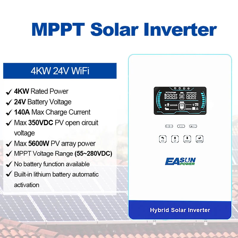 EASUN POWER 4000W 24V Off Grid Pure Sine Wave Solar Inverter with 6.25 Inch LCD Display and Touchable Buttons Built-in 150A MPPT