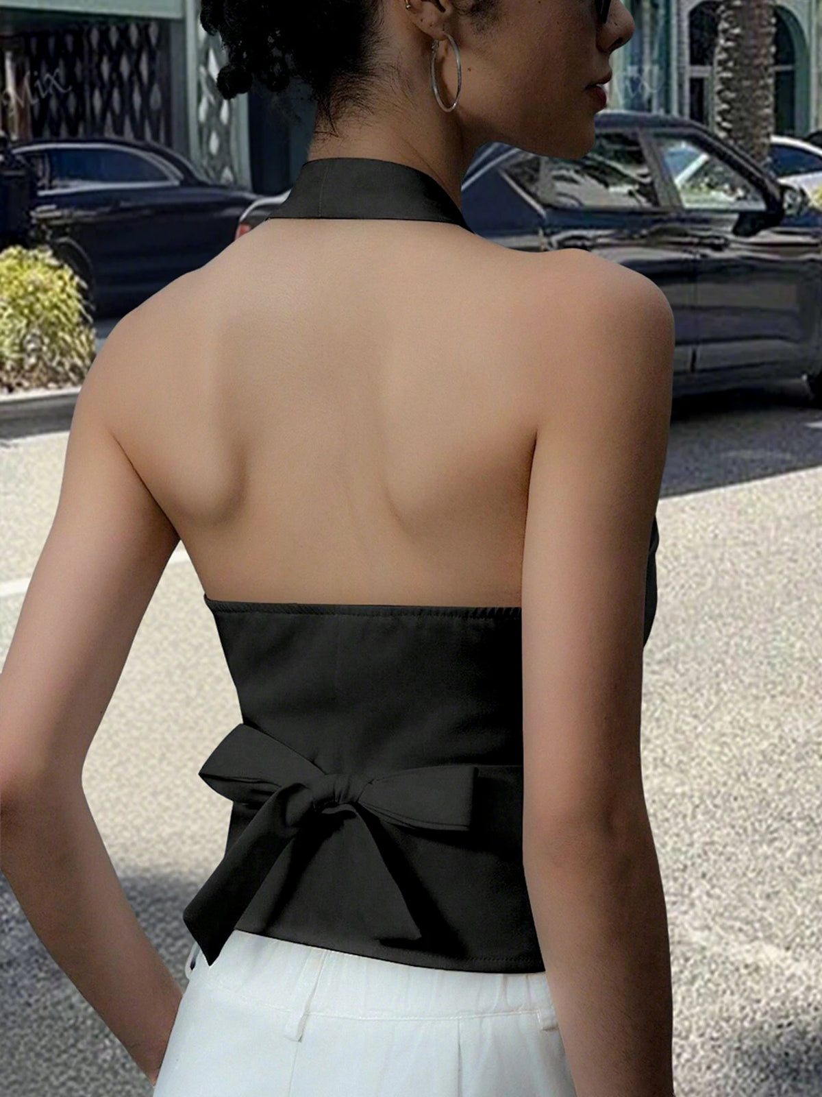 Women Halter Neck Button Vest Top Back Tie V Neck