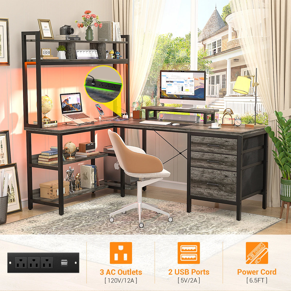 Aheaplus Corner Gaming Desk With Led Lights And Power Outlet
