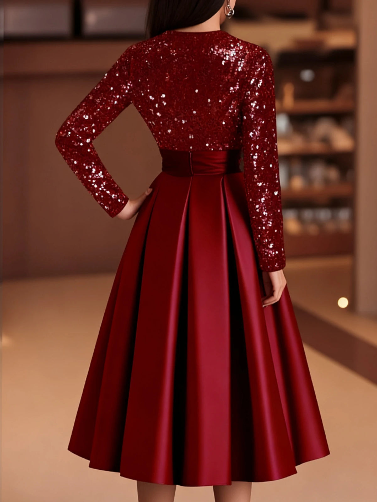 Women Crew Neck Long Sleeve Sequin Patch Tie Midi Dress