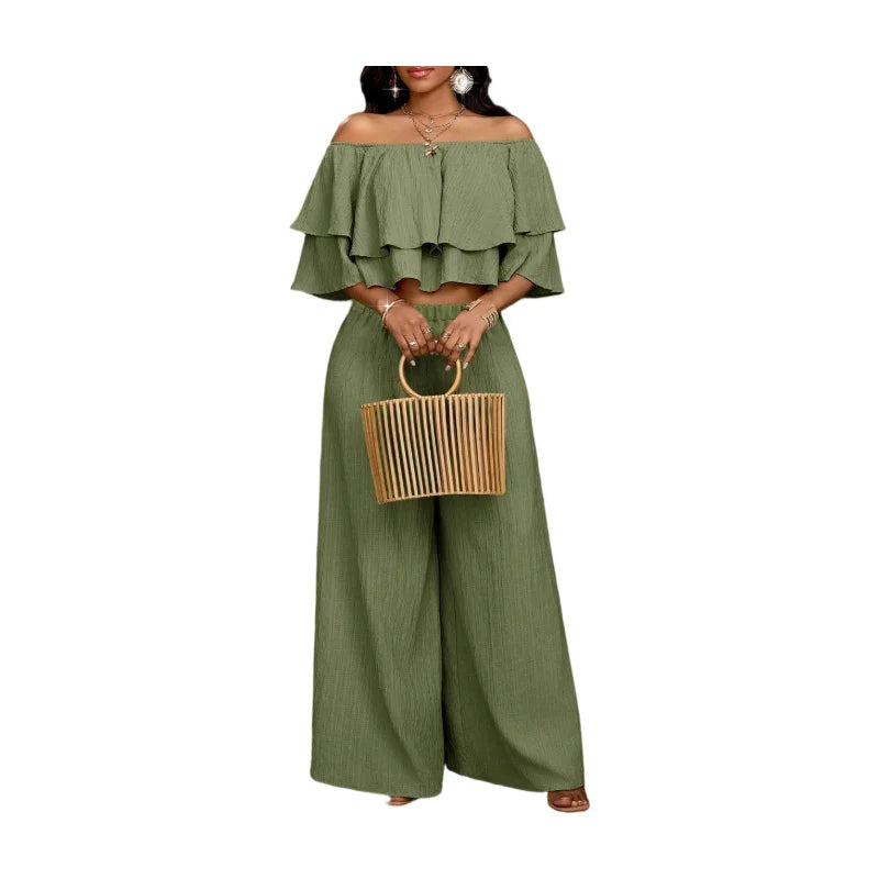 Women Off Shoulder Ruffle Crop Top With Wide Leg Pants