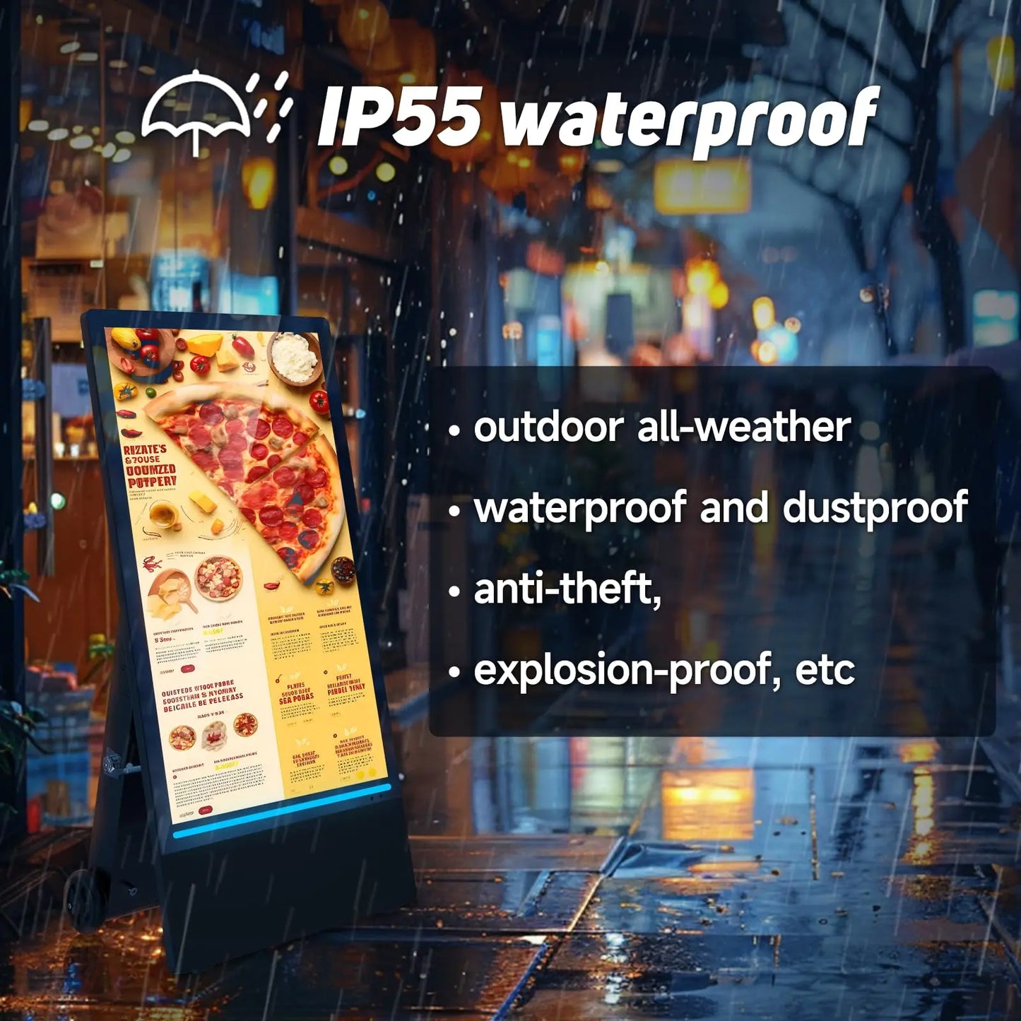 Rechargeable Portable Outdoor 43 inch  Digital Signage Displays, IP55 Waterproof, Smart LCD Split Screen, Movable Kiosk