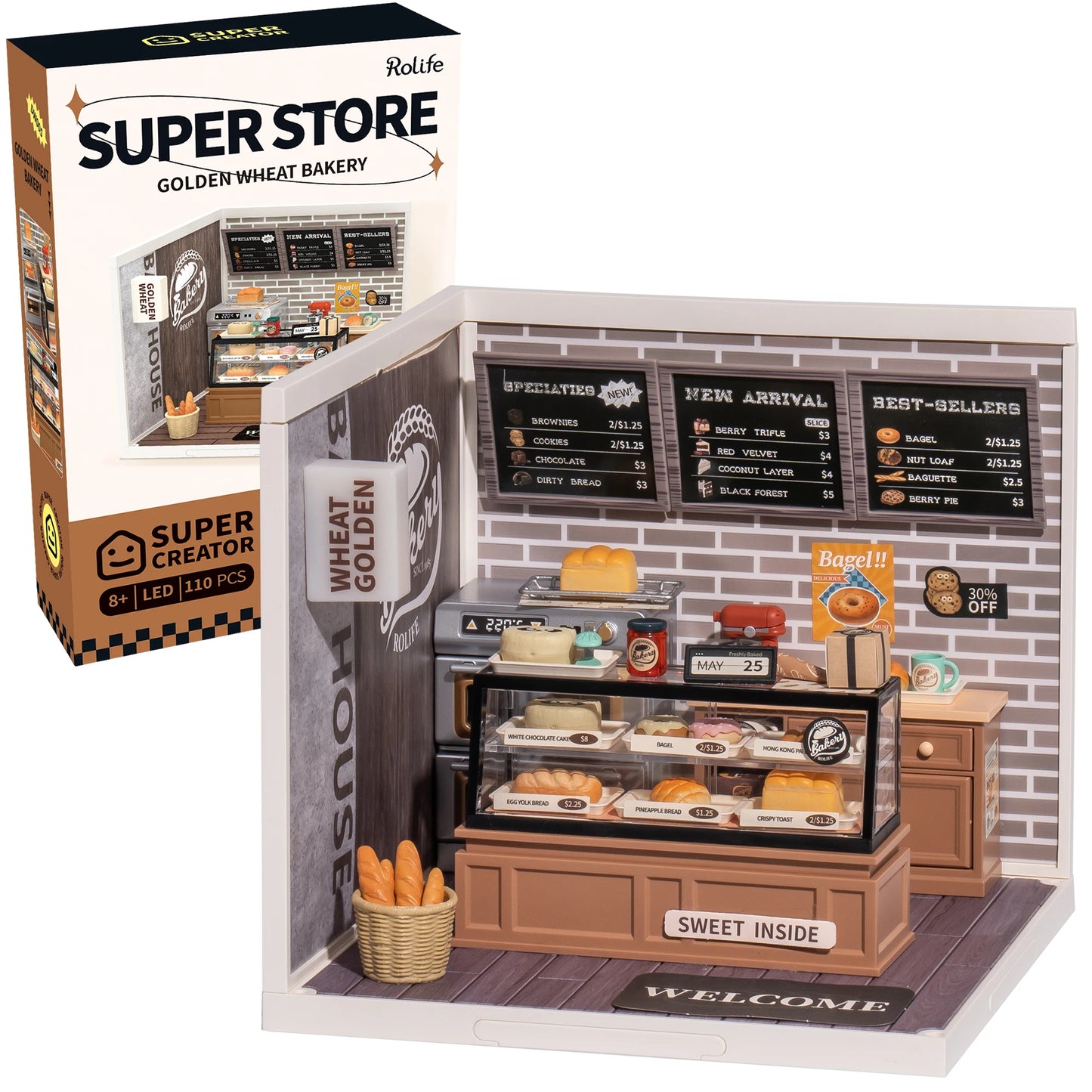 Rolife DIY Miniature House Kit Golden Wheat Bakery Super Creator Dollhouse 3D Puzzle Model Building Kit with LED for Home Decor