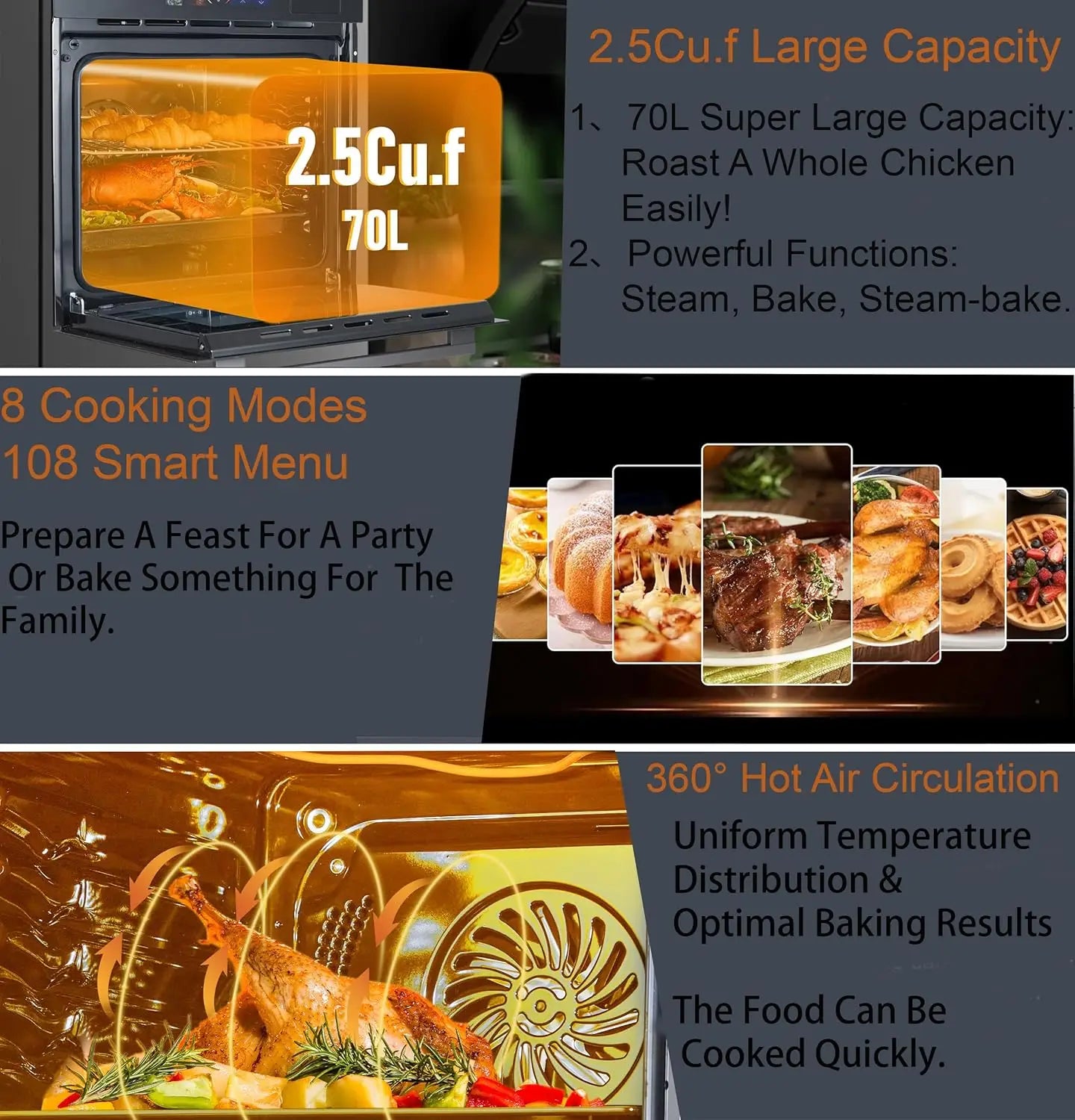 24" Built-in Electric Ovens with 70L Capacity 3000W Single Wall Oven with View Window Steam & Grill Oven 8 Cooking Functions