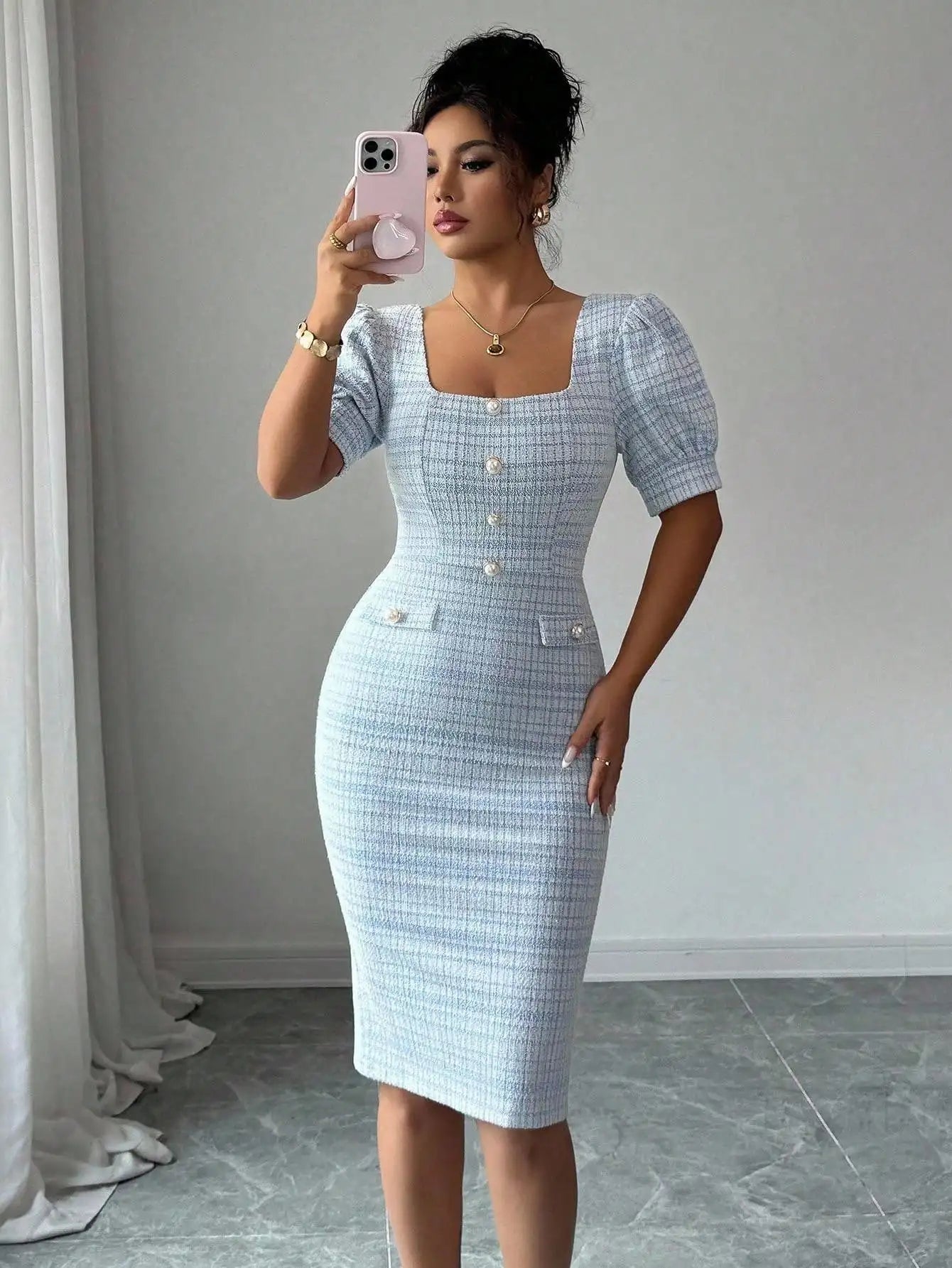 Elegant Square Neck Puff Sleeve Bodycon Midi Dress With Buttons