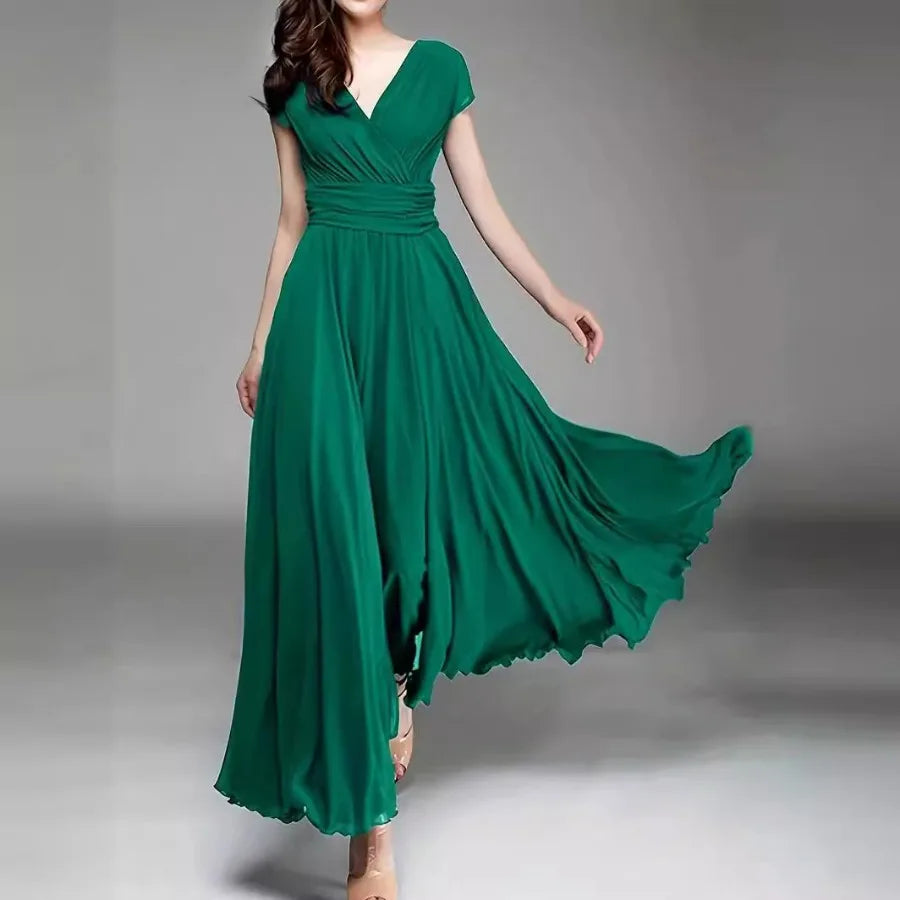 【New style】- access  Europe and America V-neck short-sleeved Bohemian chiffon waist dress
