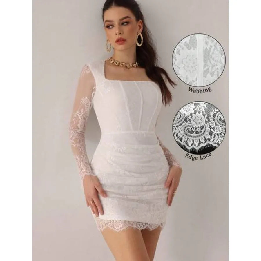 【New style】Poshira High-End French Retro Elegant White Lace Peplum Waist Bodycon Long Sleeve Dress