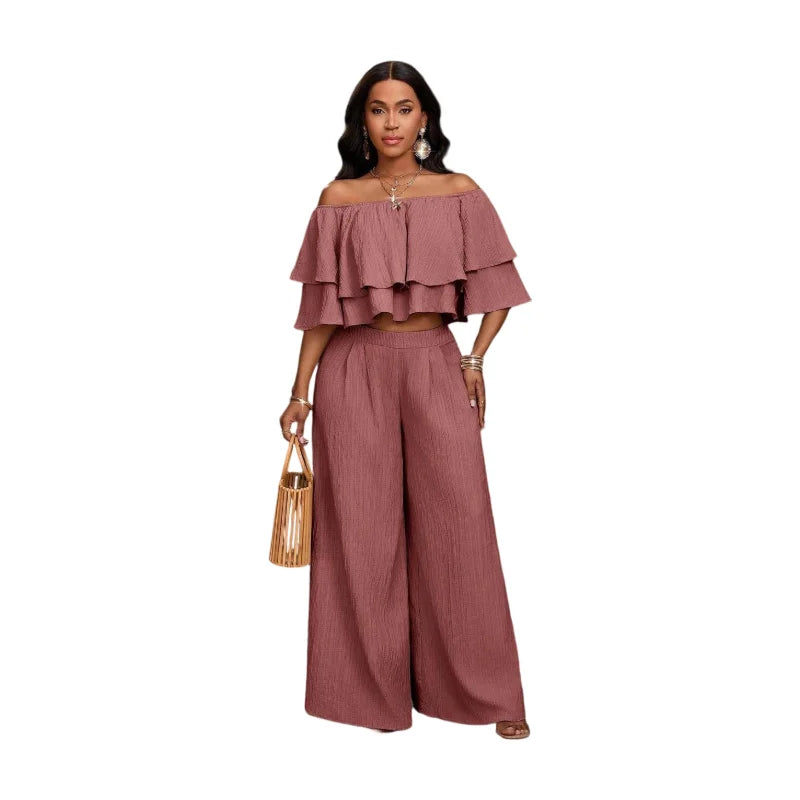 Women Off Shoulder Ruffle Crop Top With Wide Leg Pants