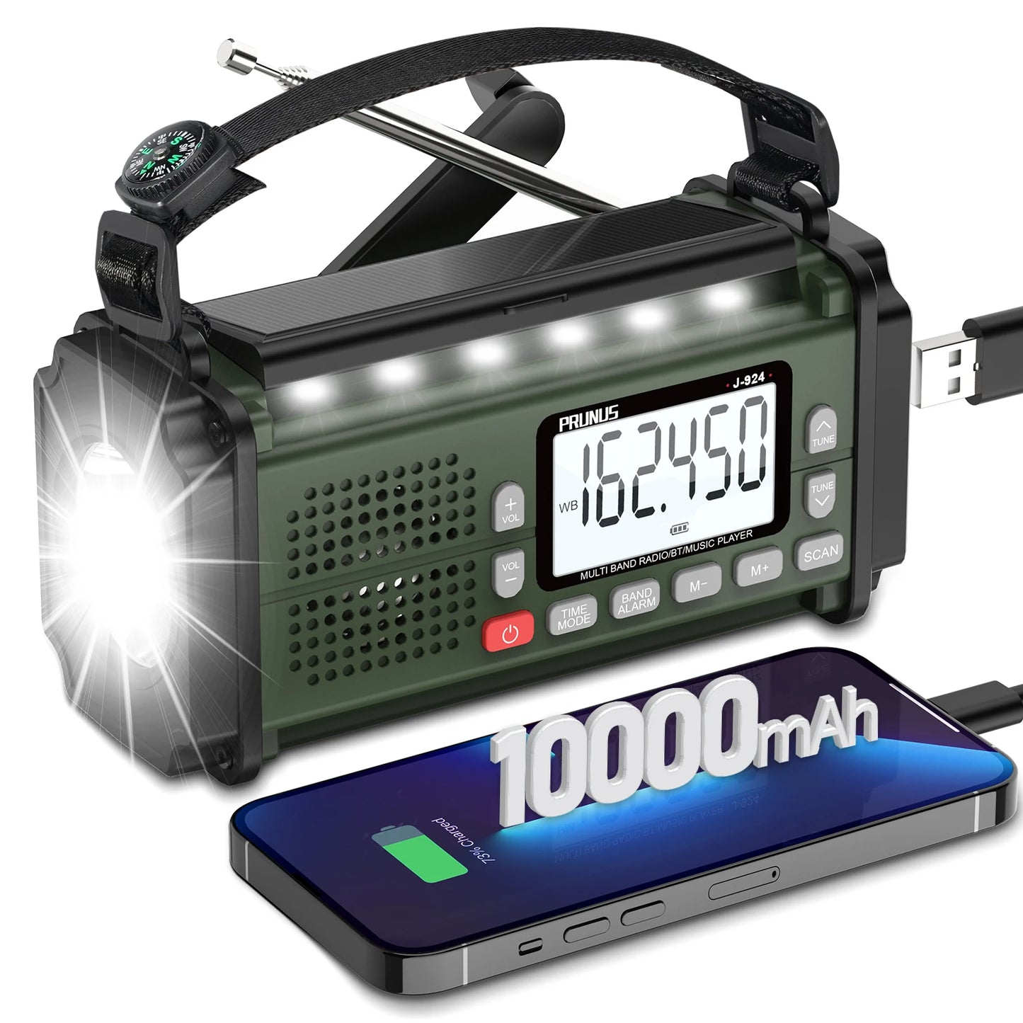 PRUNUS 924 10000mAh Hand Crank Radio, AAA Batteries Powered Emergency Radio Solar, NOAA Weather Radio AM/FM/SW Power Bank Light