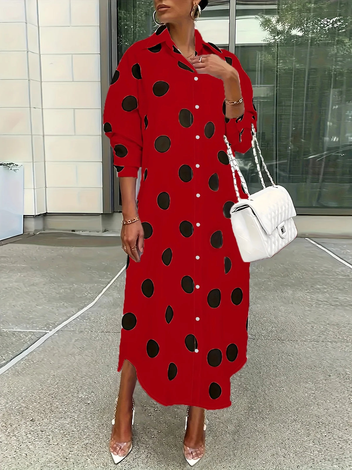 Elegant Polka Dot Lapel Women Fashion Long Sleeve Dress