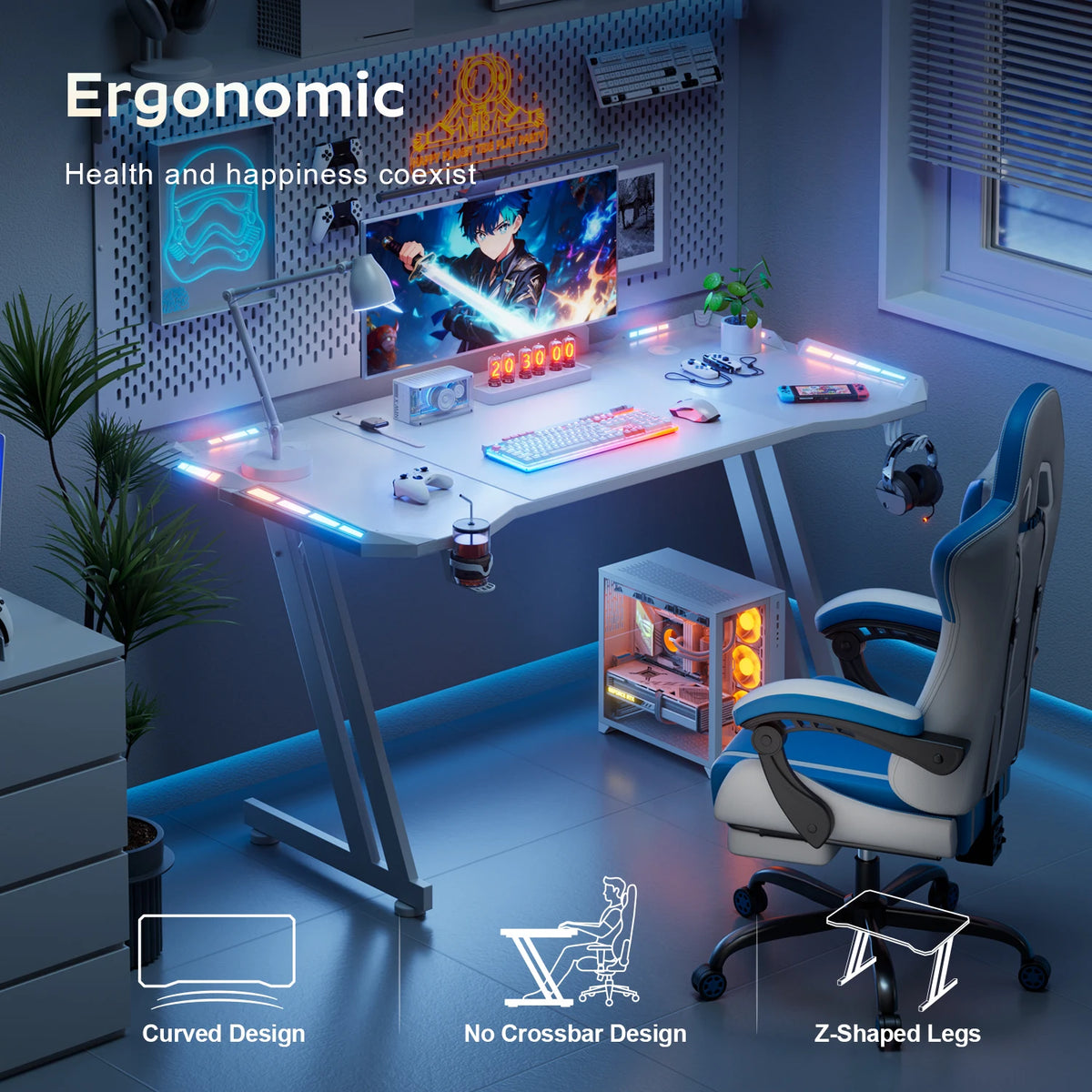 Frodrovia Ergonomic Gaming Desk With Led Lights And Cup Holder