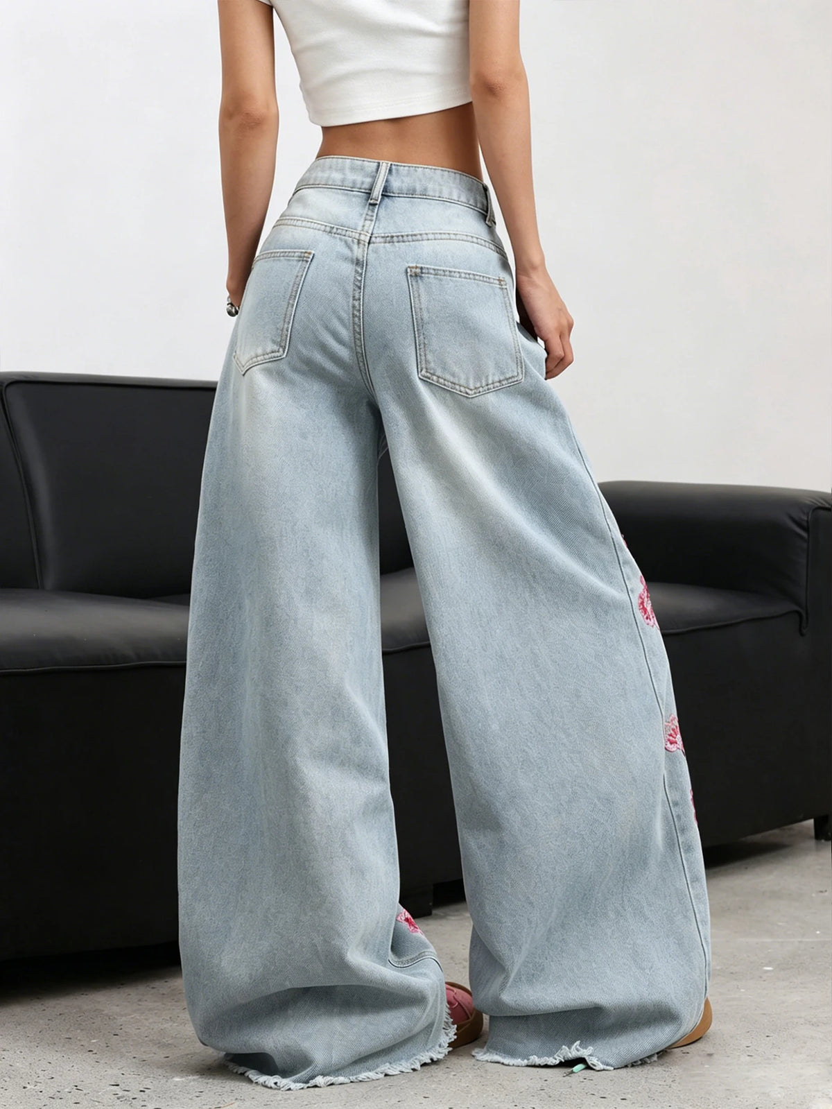 Women's Embroidered Plum Blossom Wide Leg Denim Jeans