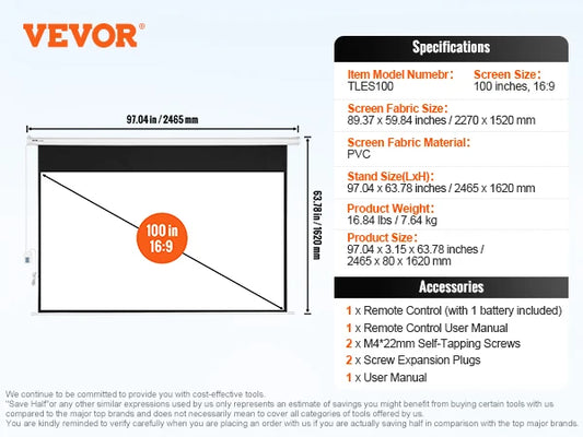 SucceBuy Electric Motorized Projector Screen 100in16:9 4K 1080 HD Wall Mount Movie Screen for Family Home Office Movie Theater