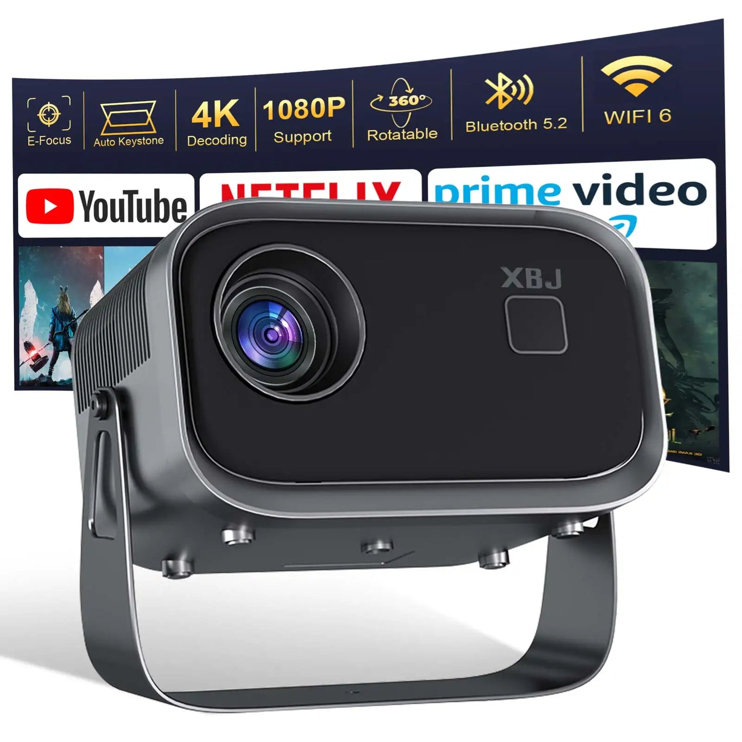 4K Outdoor Movie Projector, Portable Mini Smart Wall Projector with Built-in Wi-Fi, Speaker & Digital Keystone, HDMI/BT Home Cinema Theater for Office Use