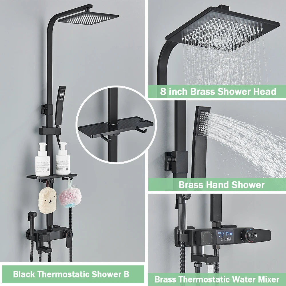 Rozin Black Smart Thermostatic Shower Faucet Set Bathroom Intelligent Rainfall Digital Mixer Tap With Rack and Bidet Bath System