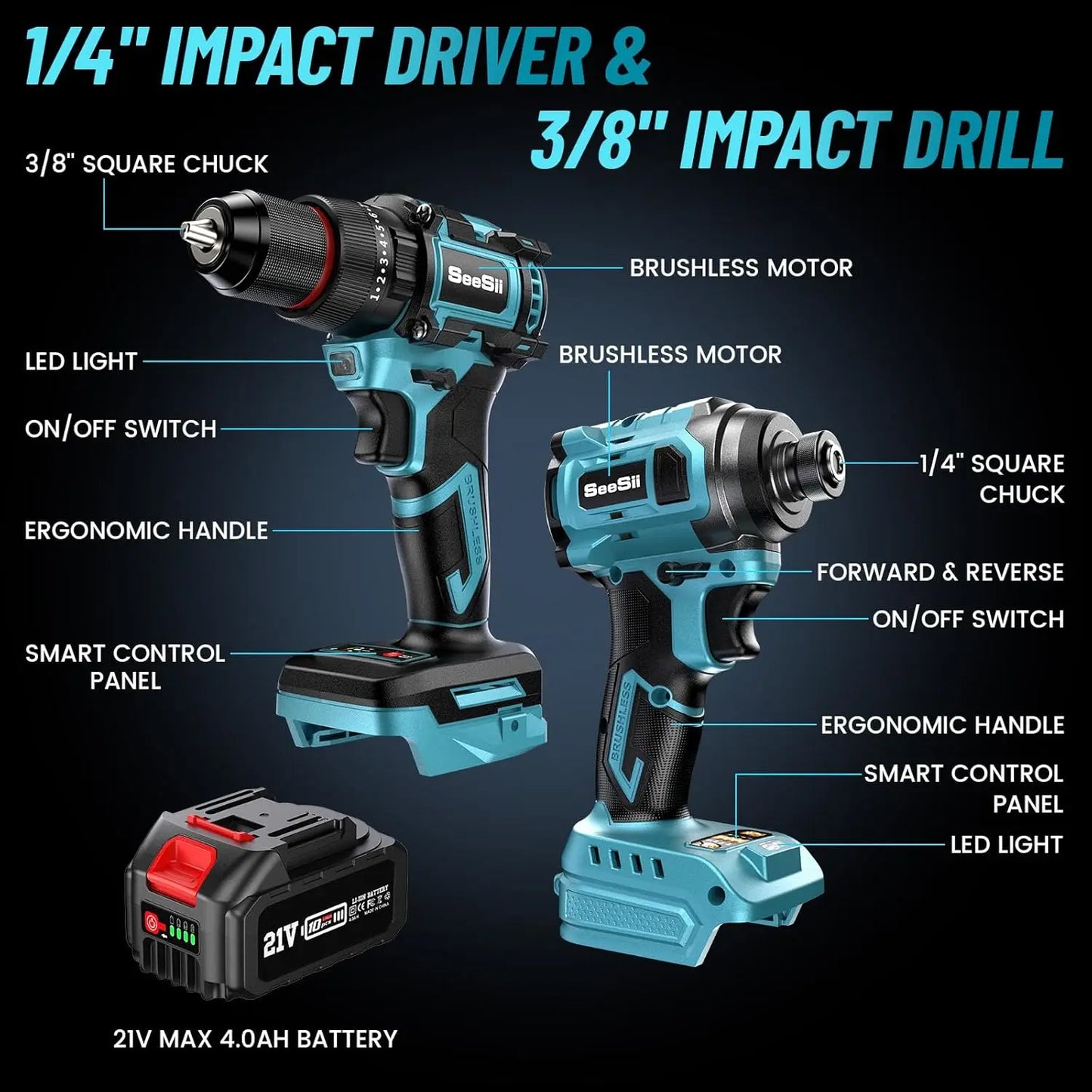 SEESII 21V Max Cordless Electric Drill and Impact Driver Screwdriver Tool Kit 3/8'' Drill & 1/4'' Impact Driver 2x 4.0Ah Battery