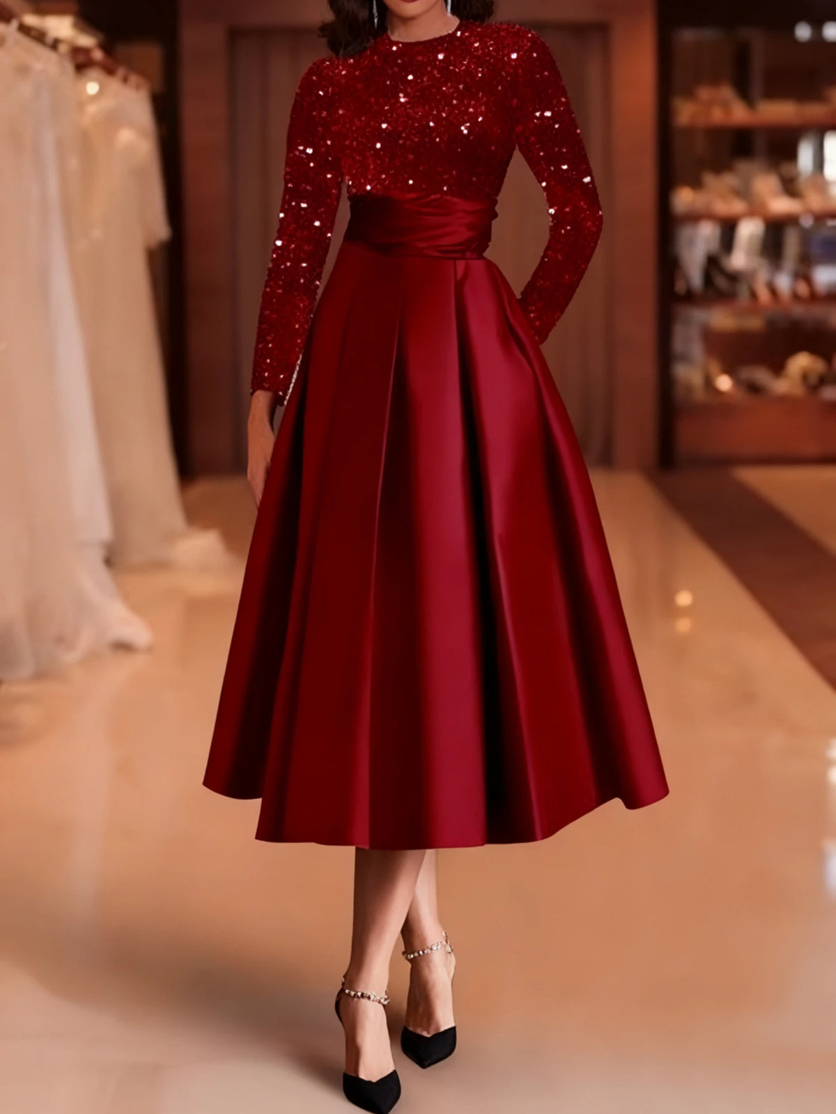 Women Crew Neck Long Sleeve Sequin Patch Tie Midi Dress