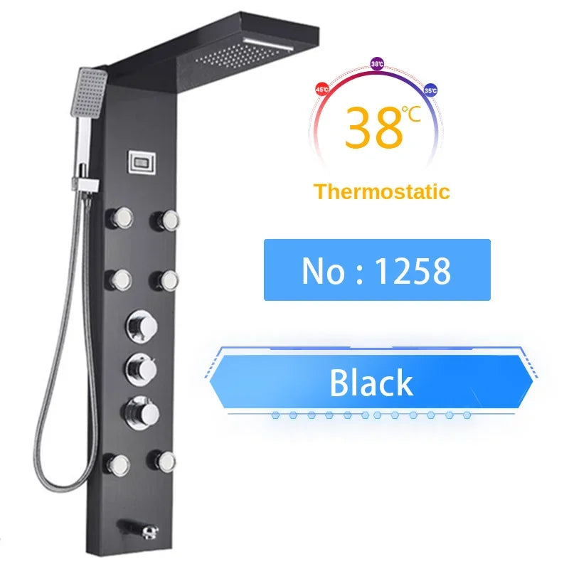 LED Shower Panel Digital Display Shower Faucet System Set Rain Waterfall Bathroom Column Mixer With SPA Massage Jet