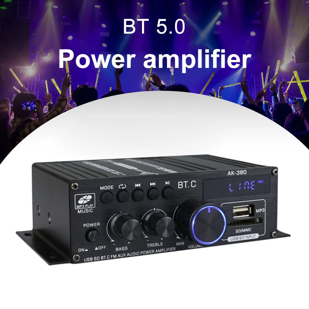AK380 Bluetooth-Compatible Amplifier 2 Channel Digital Amplifiers Audio HIFI Bass Music Player USB AUX Karaoke for Home Car
