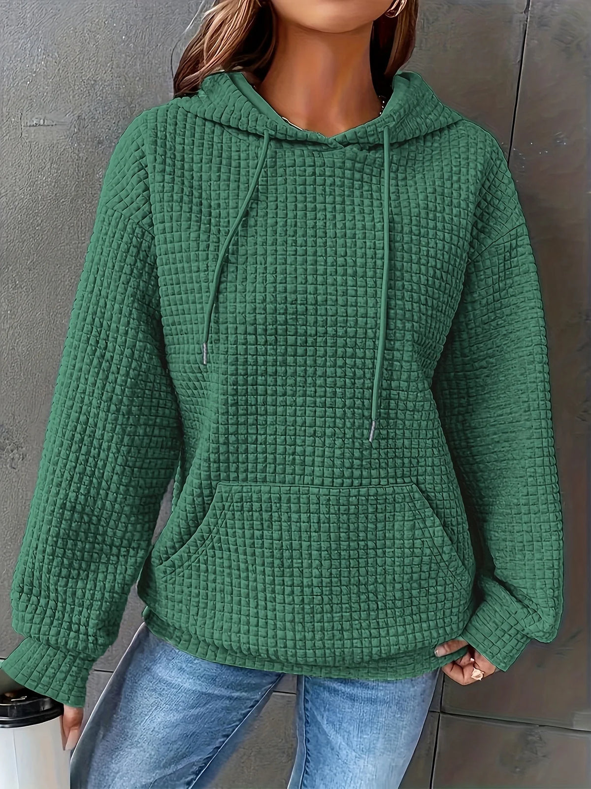 Women Waffle Knit Hoodie Drawstring Pullover Sweatshirt Kangaroo Pocket