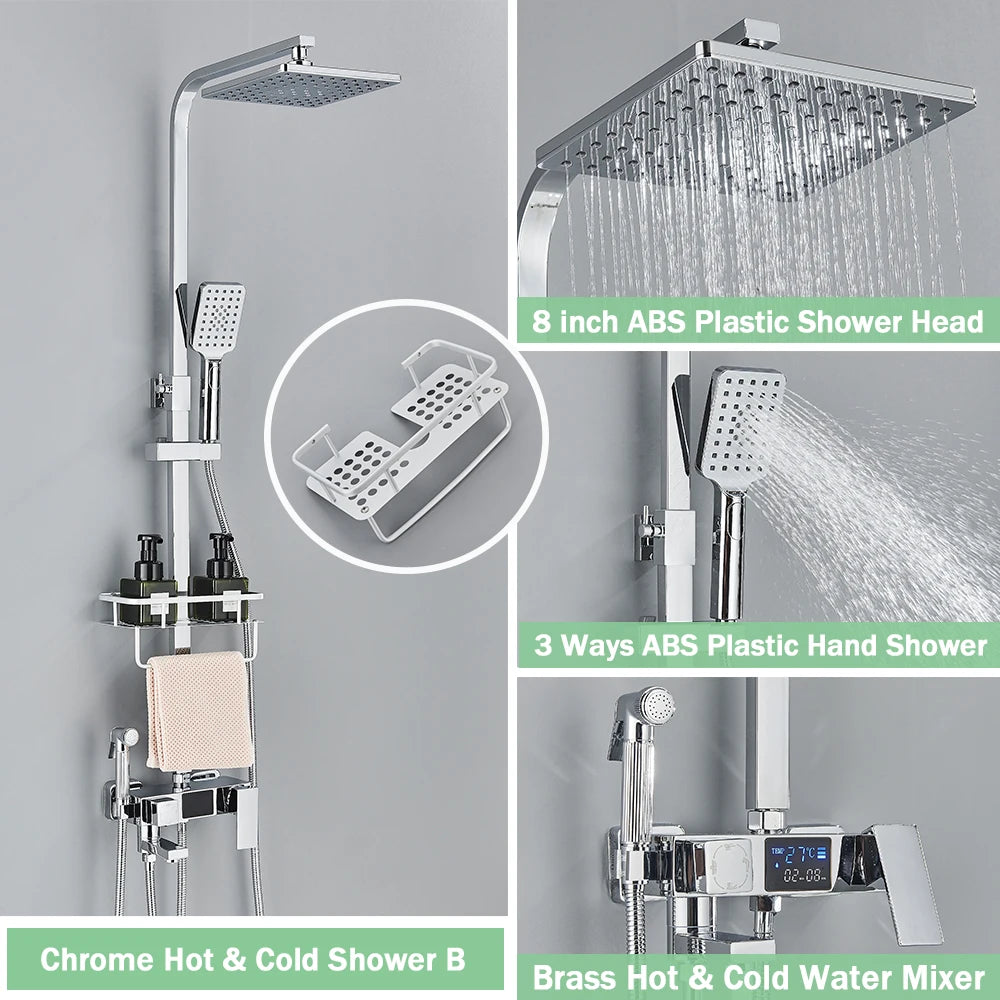 Rozin Black Smart Thermostatic Shower Faucet Set Bathroom Intelligent Rainfall Digital Mixer Tap With Rack and Bidet Bath System
