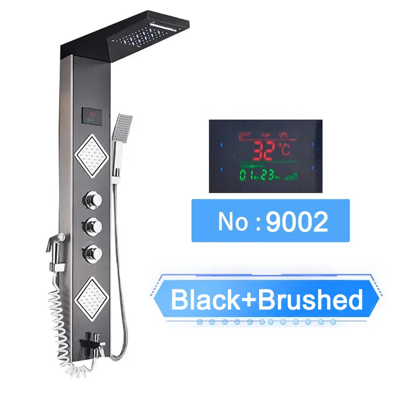 LED Shower Panel Digital Display Shower Faucet System Set Rain Waterfall Bathroom Column Mixer With SPA Massage Jet
