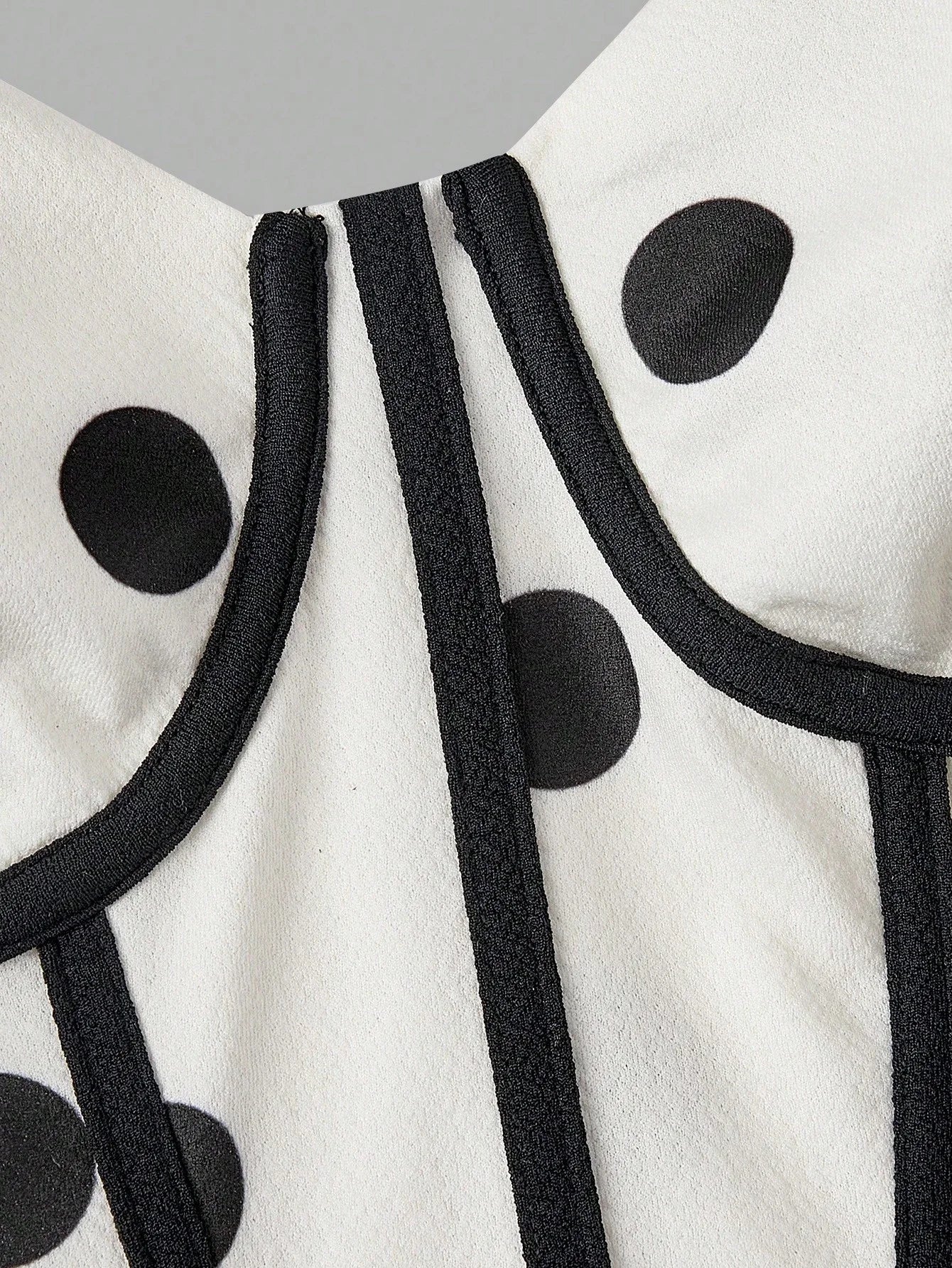 Cream Base Black Polka Dot Midi Dress Featuring Corset-Style Bodice, Spaghetti Straps, And Flared Skirt For Elegant Occasions