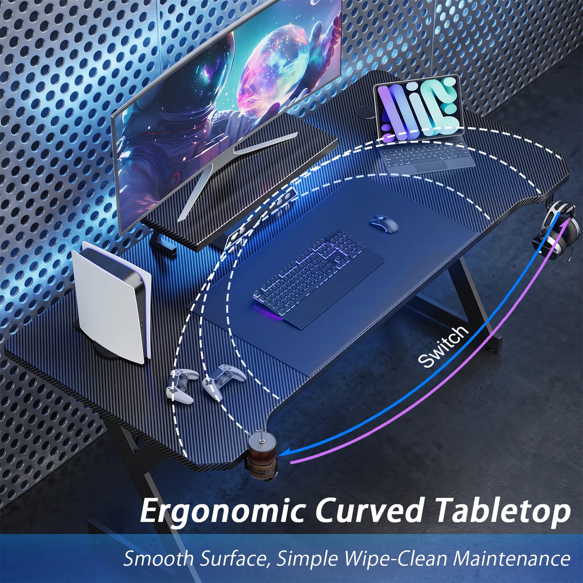 FRODROVIA Ergonomic Gaming Desk With Monitor Stand And Light Strip