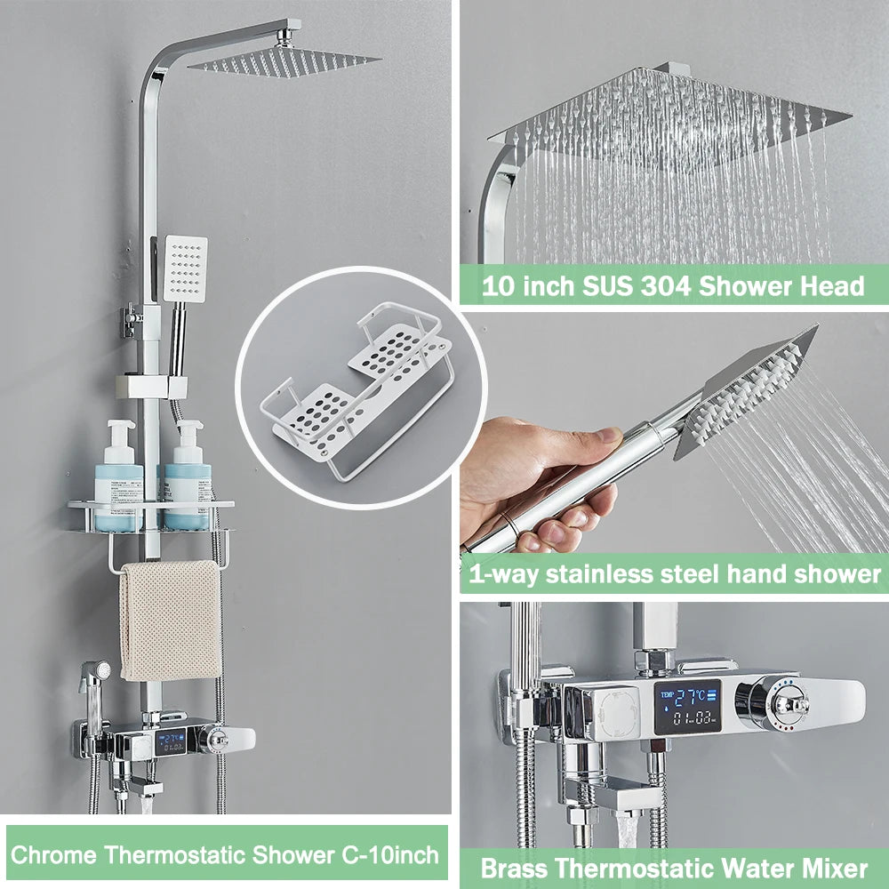 Rozin Black Smart Thermostatic Shower Faucet Set Bathroom Intelligent Rainfall Digital Mixer Tap With Rack and Bidet Bath System