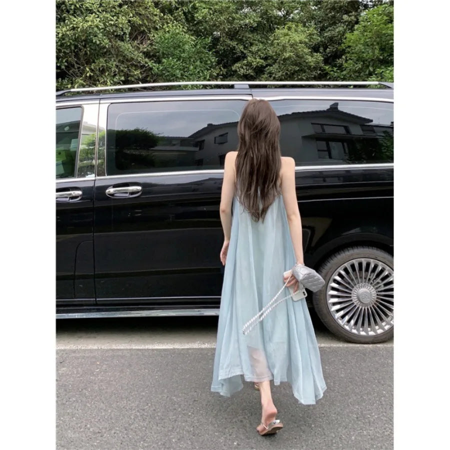 【New style】Norway summer seaside gentle long suspender dress romantic suspender a-line super fairy holiday dress