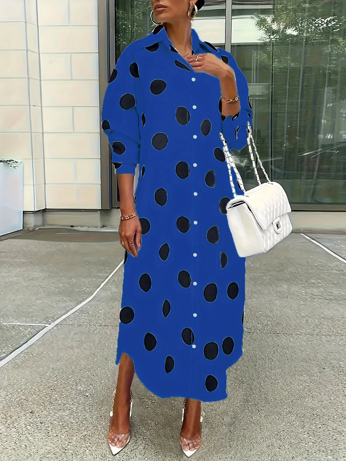 Elegant Polka Dot Lapel Women Fashion Long Sleeve Dress