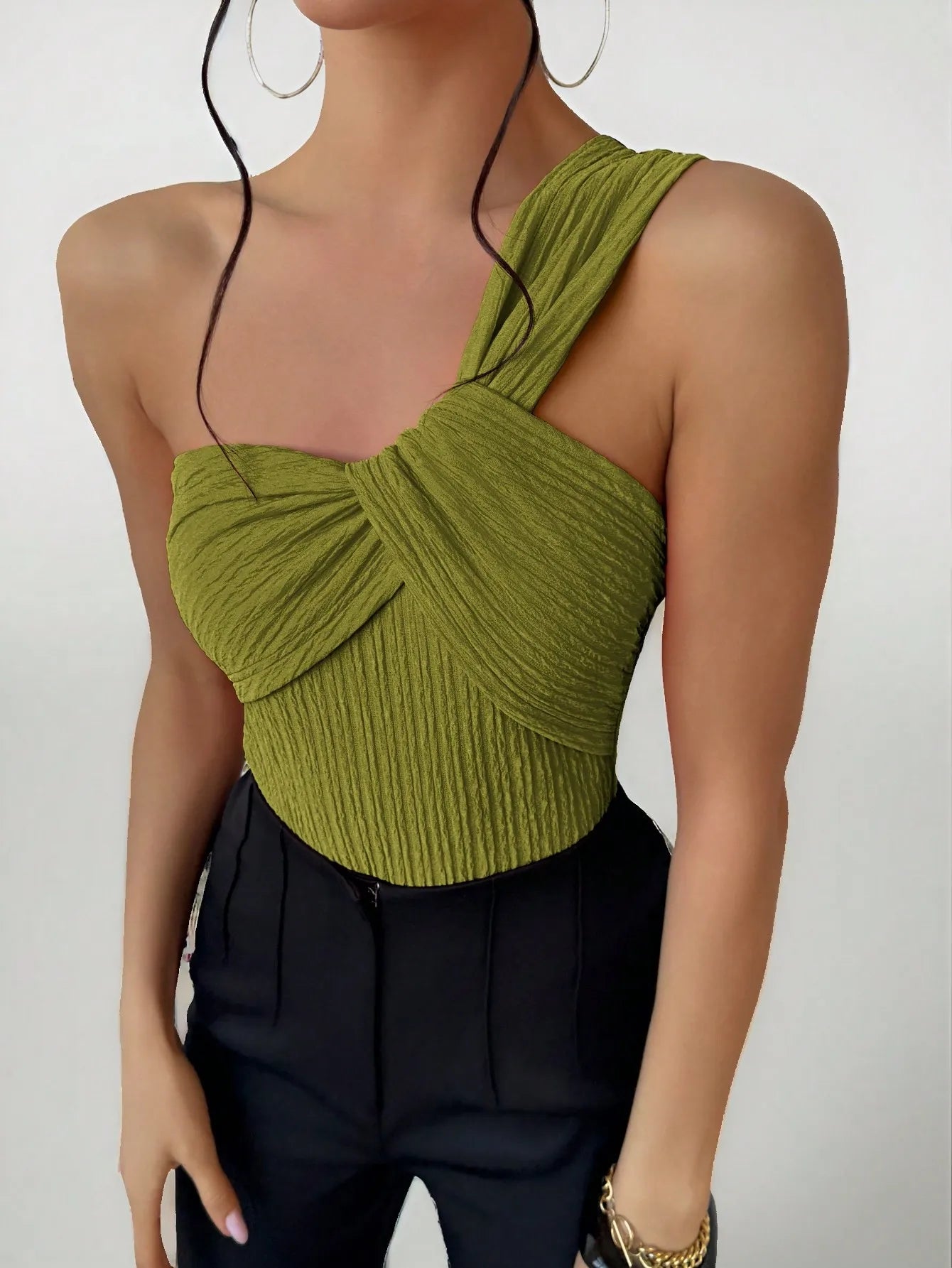 Women One Shoulder Twist Crinkle Bodysuit Slim Fit Sleeveless Top