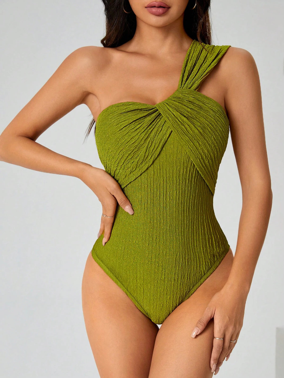 Women One Shoulder Twist Crinkle Bodysuit Slim Fit Sleeveless Top