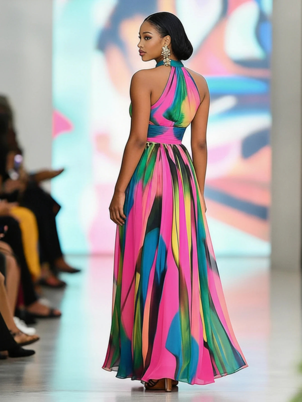 Women Halter Neck Printed Maxi Dress With High Slit
