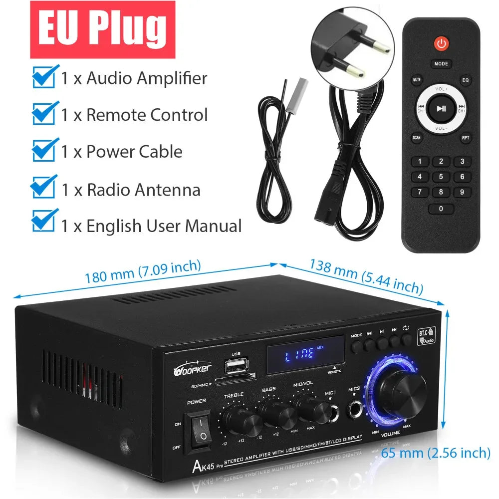 Woopker AK55/AK45 Pro/AK45/AK35 Sound Amplifier Bluetooth Digital Amplifier for Home Car Karaoke 2 Channel HiFi Audio Amp FM USB