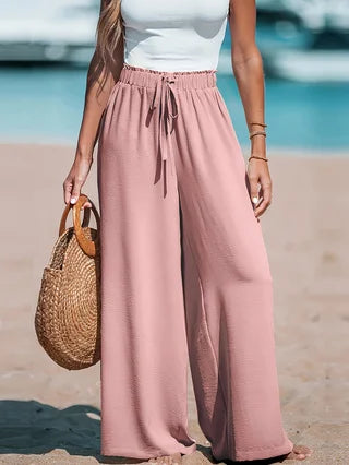Womens Casual Wide Leg Pants With Elastic Drawstring Closure