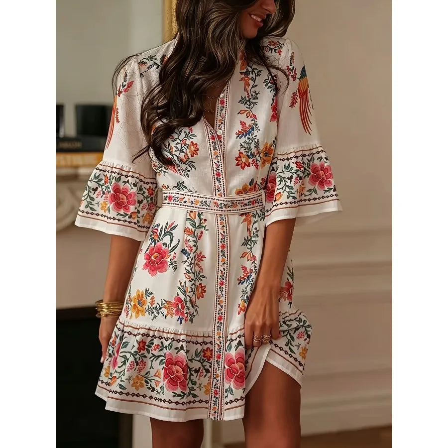 【New style】2026 new style vacation style, plant flower print, lantern sleeves, ruffled short-sleeved, strap-strap cardigan dres