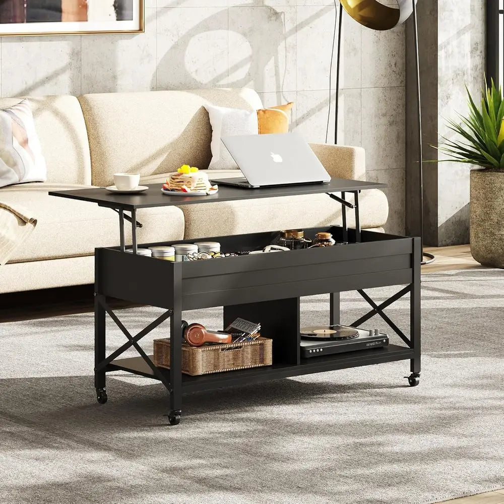 Coee Table, 41.3" Lit Top Coee Table with 4 Wheels, Hidden Comparent, Storage Shel and Lit Tabletop or Living Room, Retion Room,